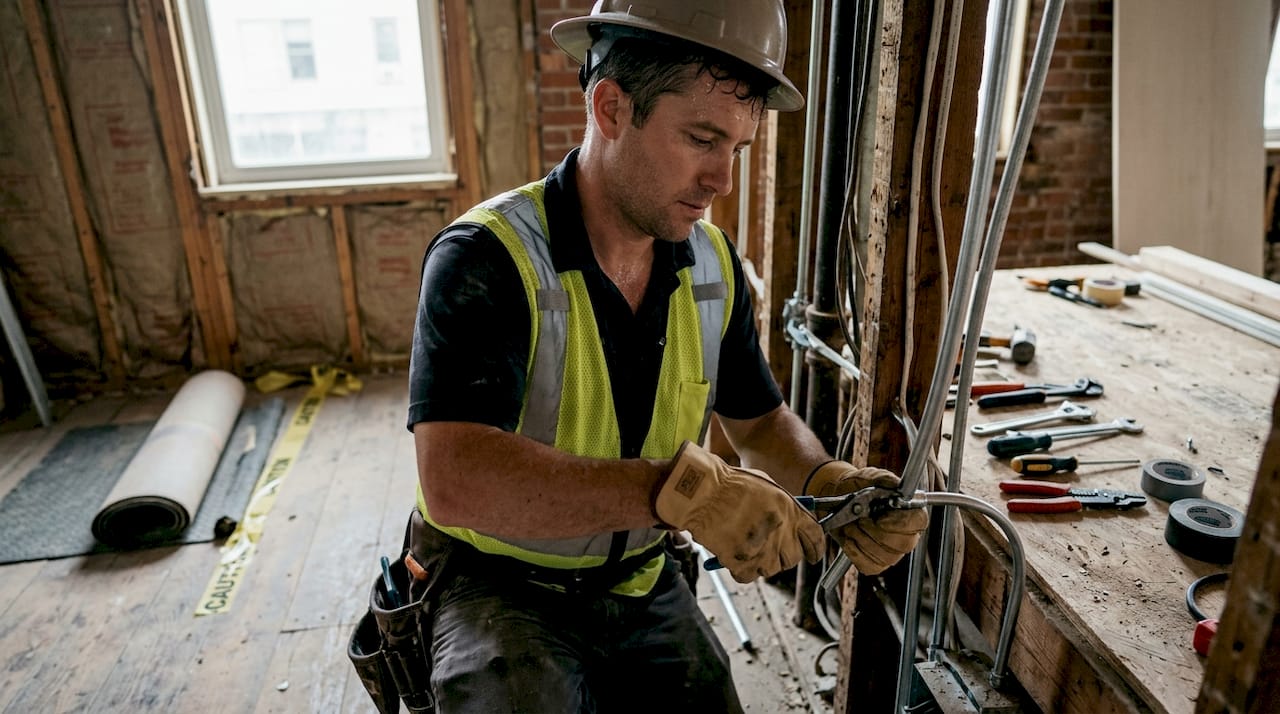 Worker installing electrical infrastructure during renovation