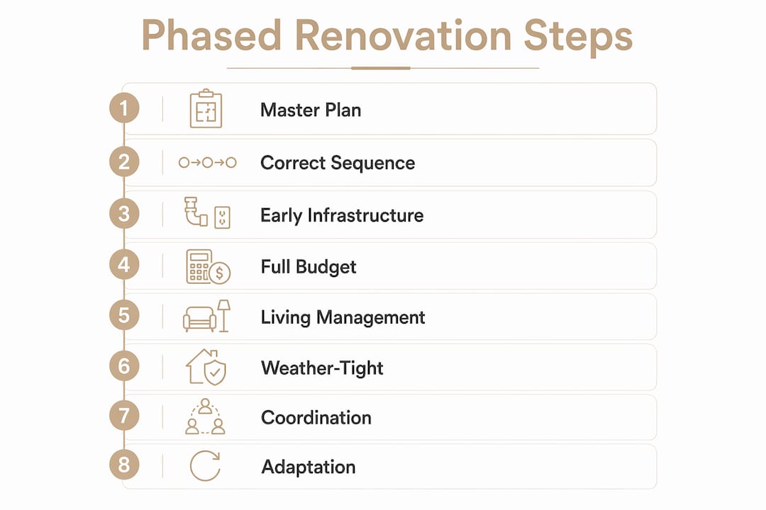 Infographic illustrating eight steps of phased home renovation