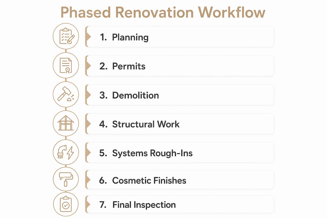 Infographic illustrating steps in phased renovation workflow