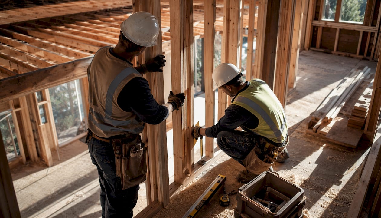 Workers framing structure during home renovation