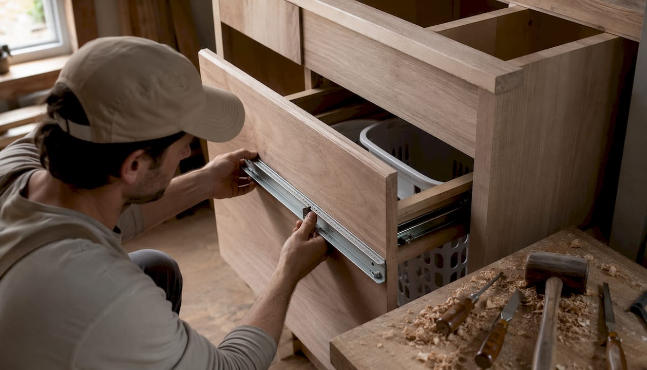 Hands installing drawer slide in mudroom cabinet