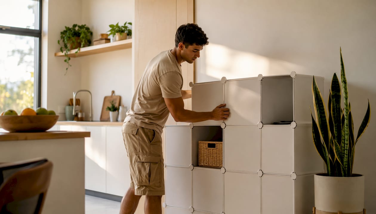 Man installing modular storage cubes in entryway