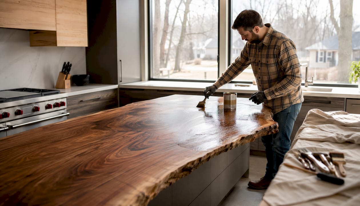 Hands sanding live-edge kitchen island slab