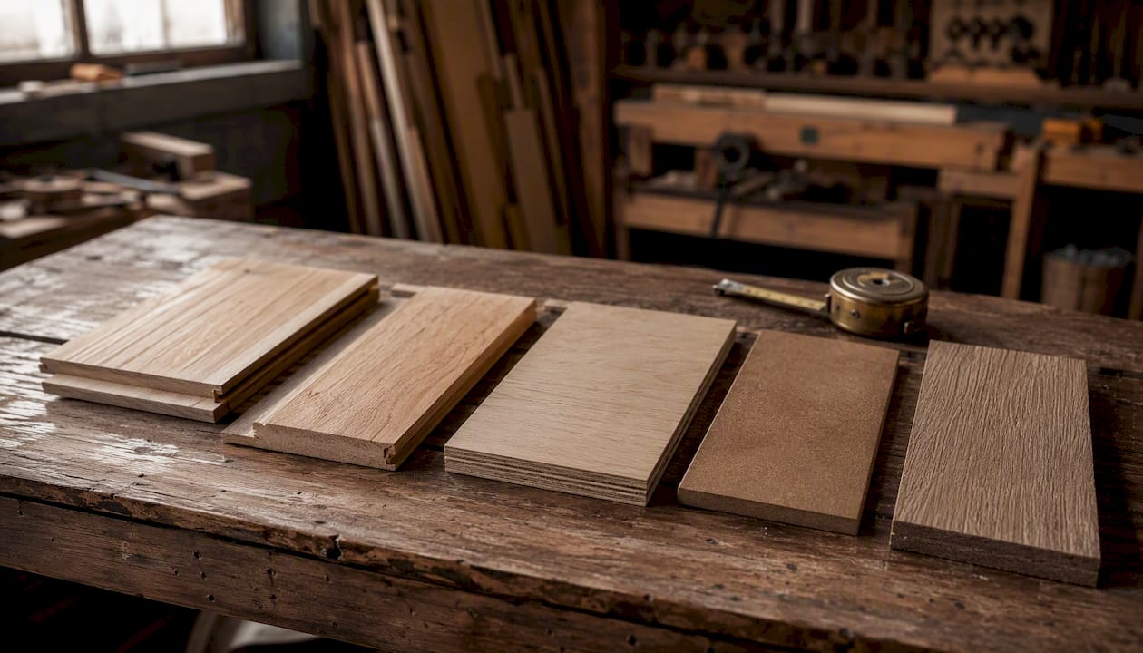 Various wood siding material samples on bench