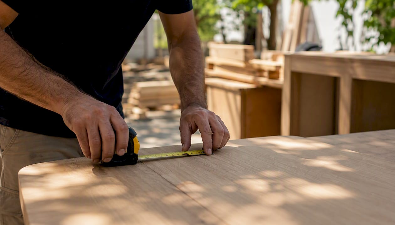 Carpenter measuring custom desk surface