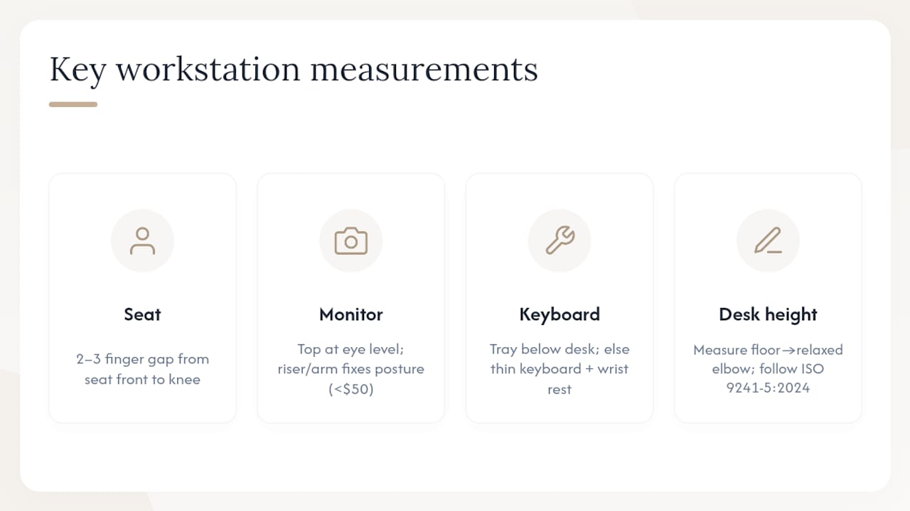 Diagram of ergonomic workstation measurements and posture