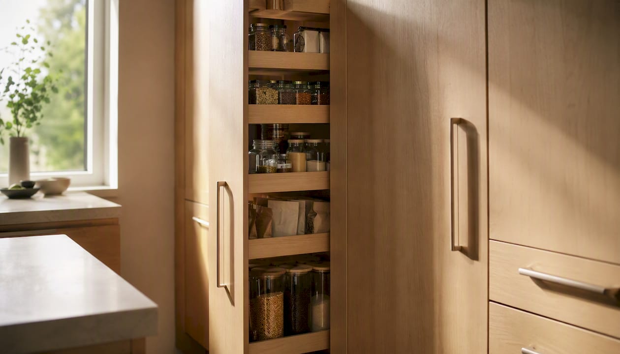 Integrated full-height pull-out pantry cabinet