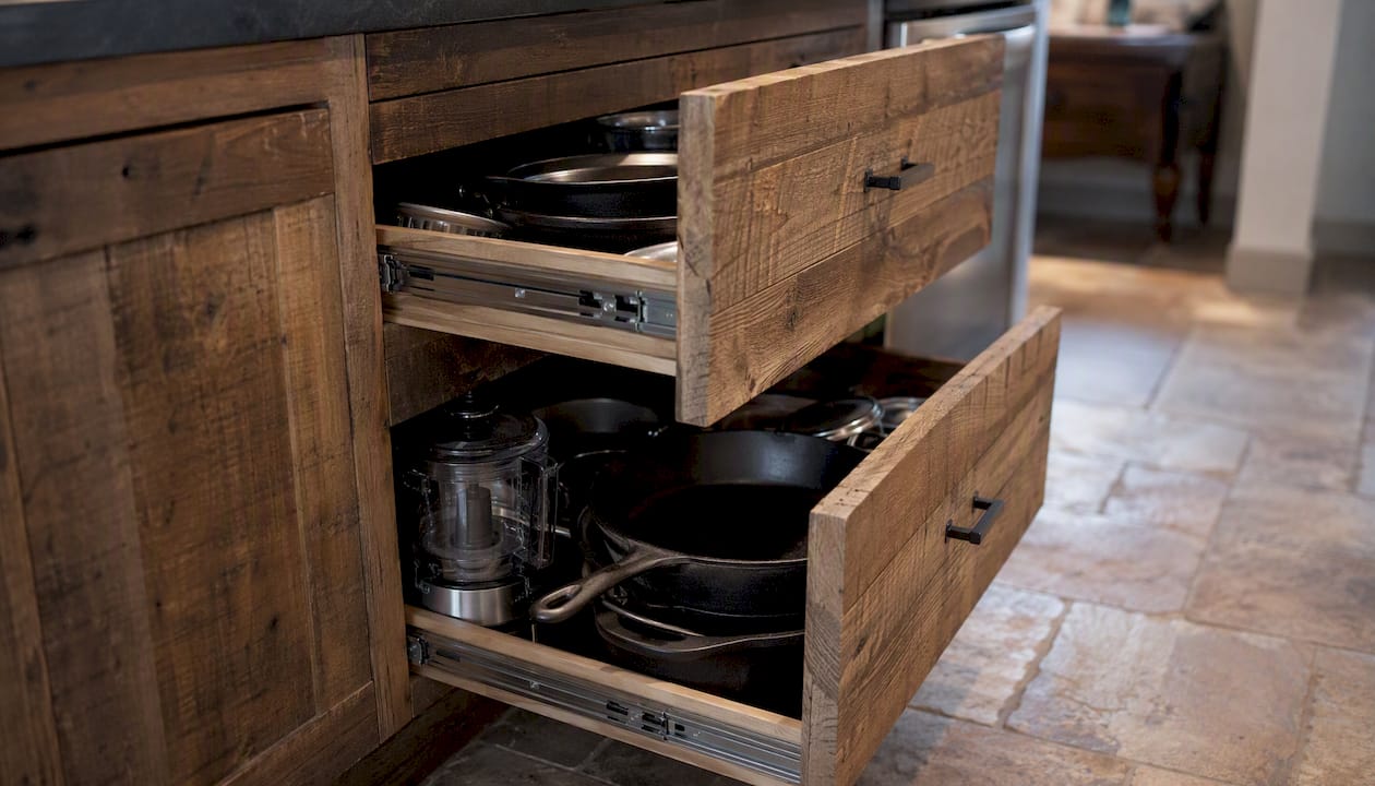 Roll-out drawers holding kitchen cookware