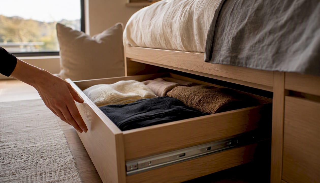 Hand opening built-in bed drawer with clothes