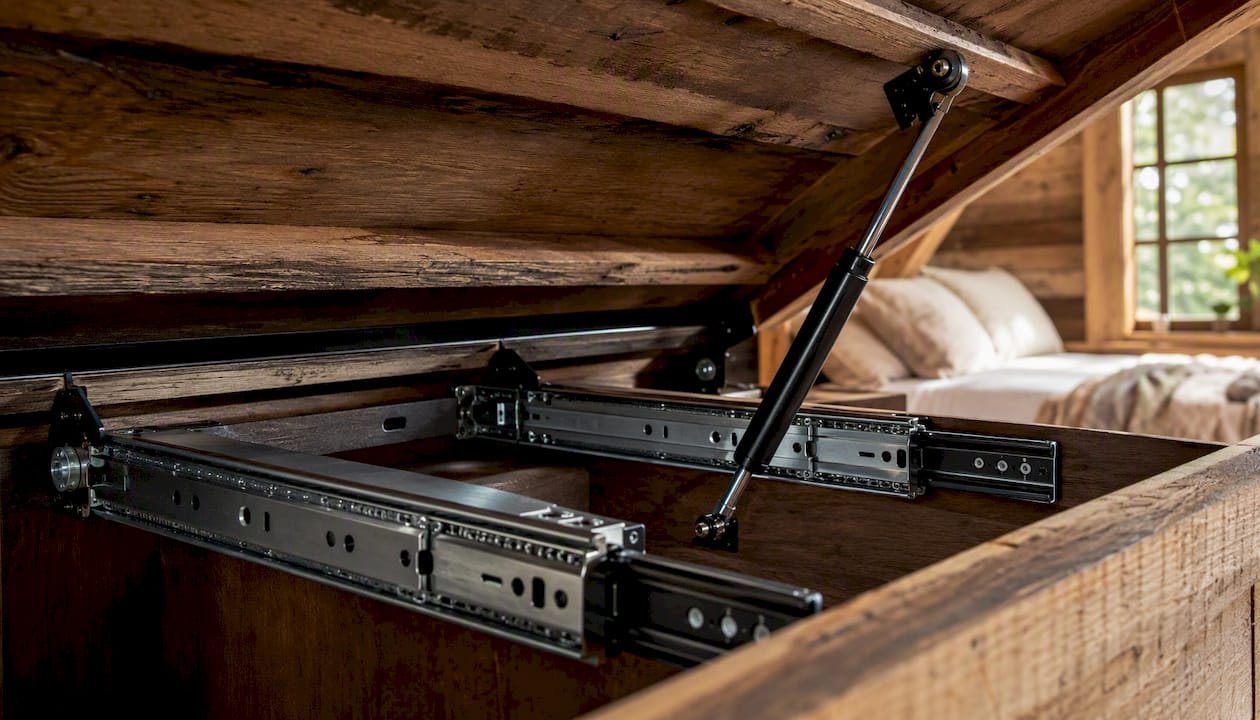 Close-up of storage bed drawer hardware