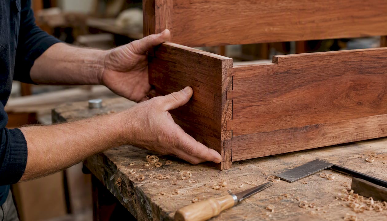 Carpenter inspecting hardwood joinery