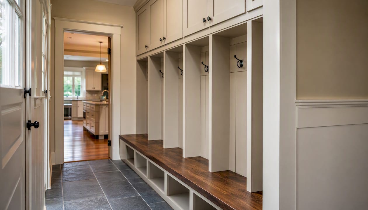Custom mudroom built-in in Illinois colonial home