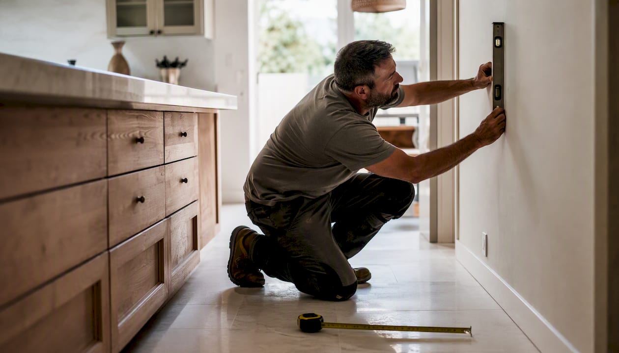 Carpenter checking wall level on site survey