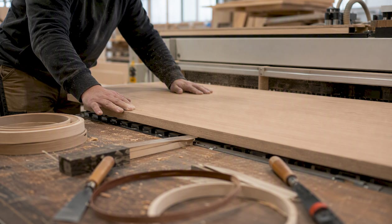 Hands guiding wood panel into CNC machine in shop