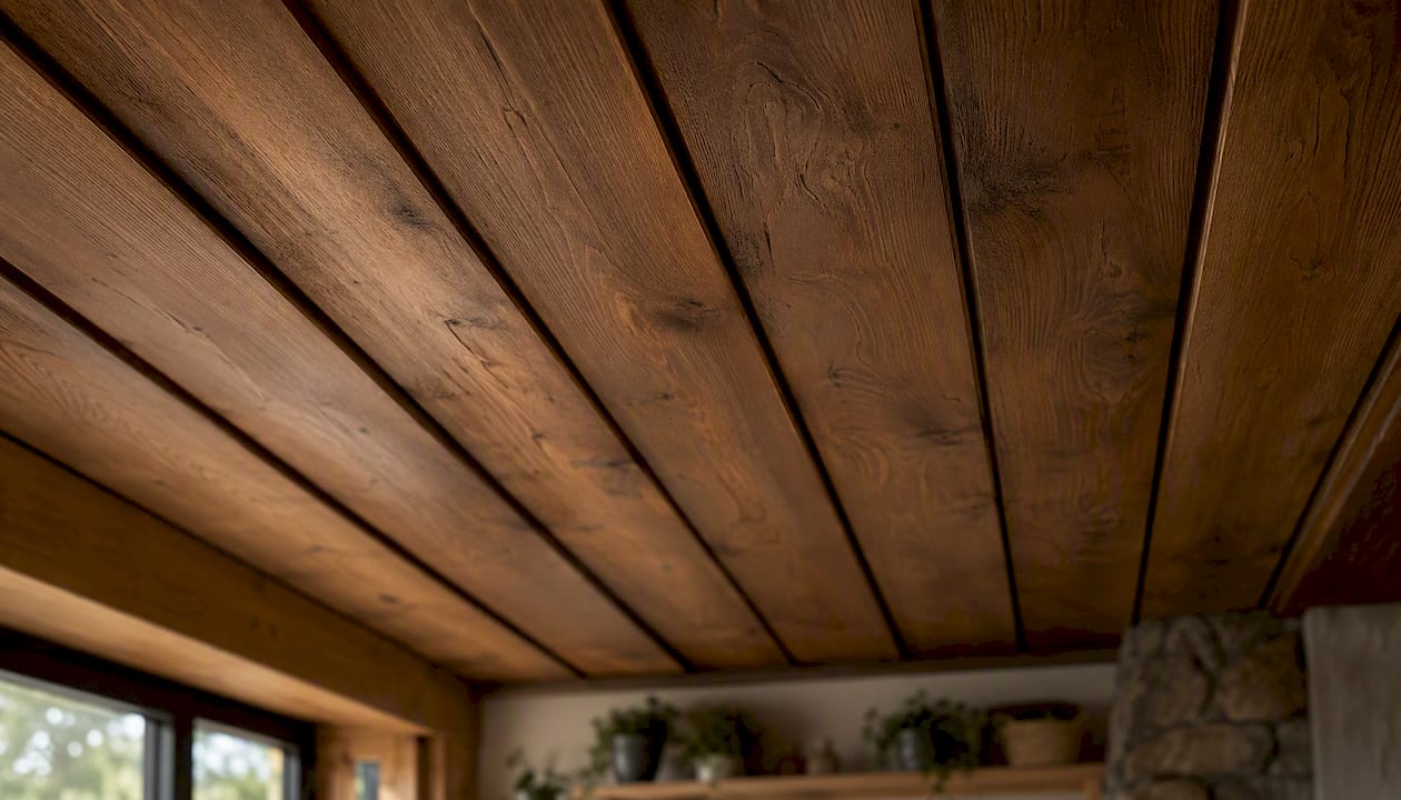 Close-up of cedar ceiling with moisture-resistant wood finish
