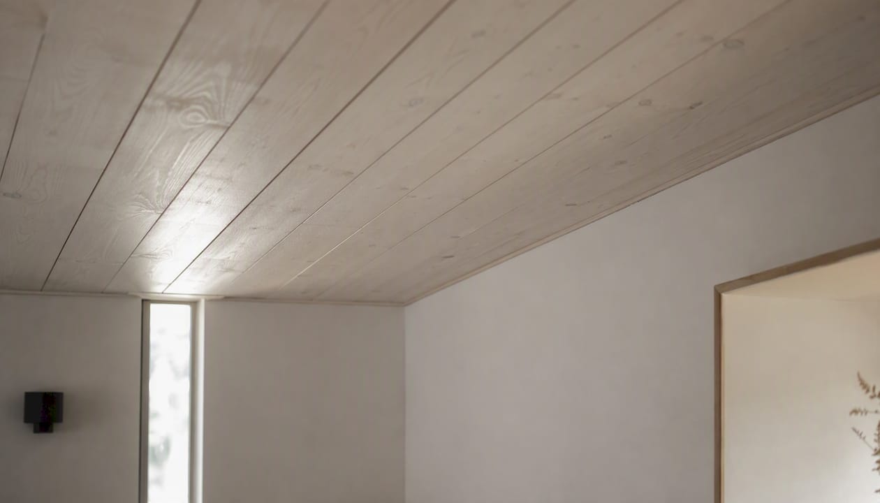 Whitewashed wood ceiling planks in north-facing low-light room