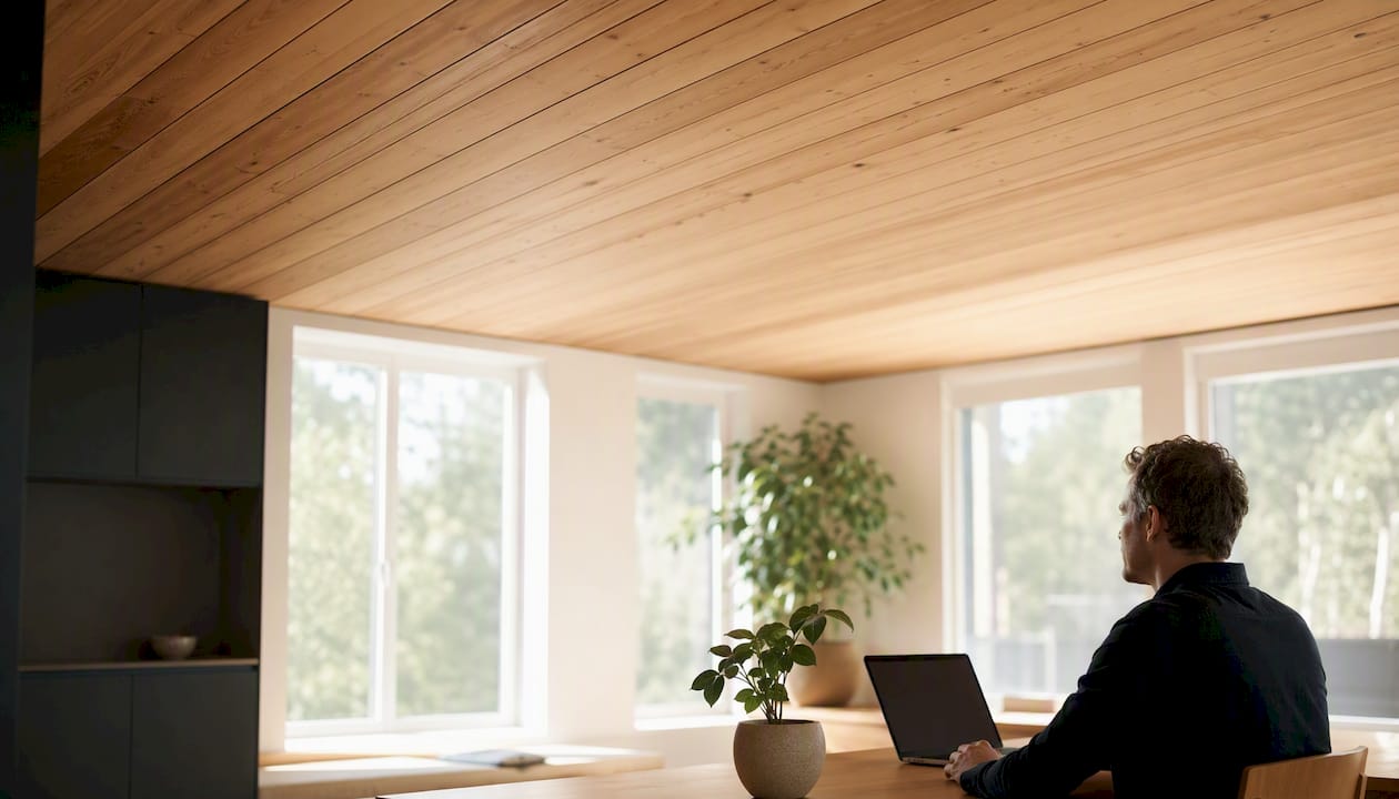Narrow light wood ceiling planks in low ceiling room