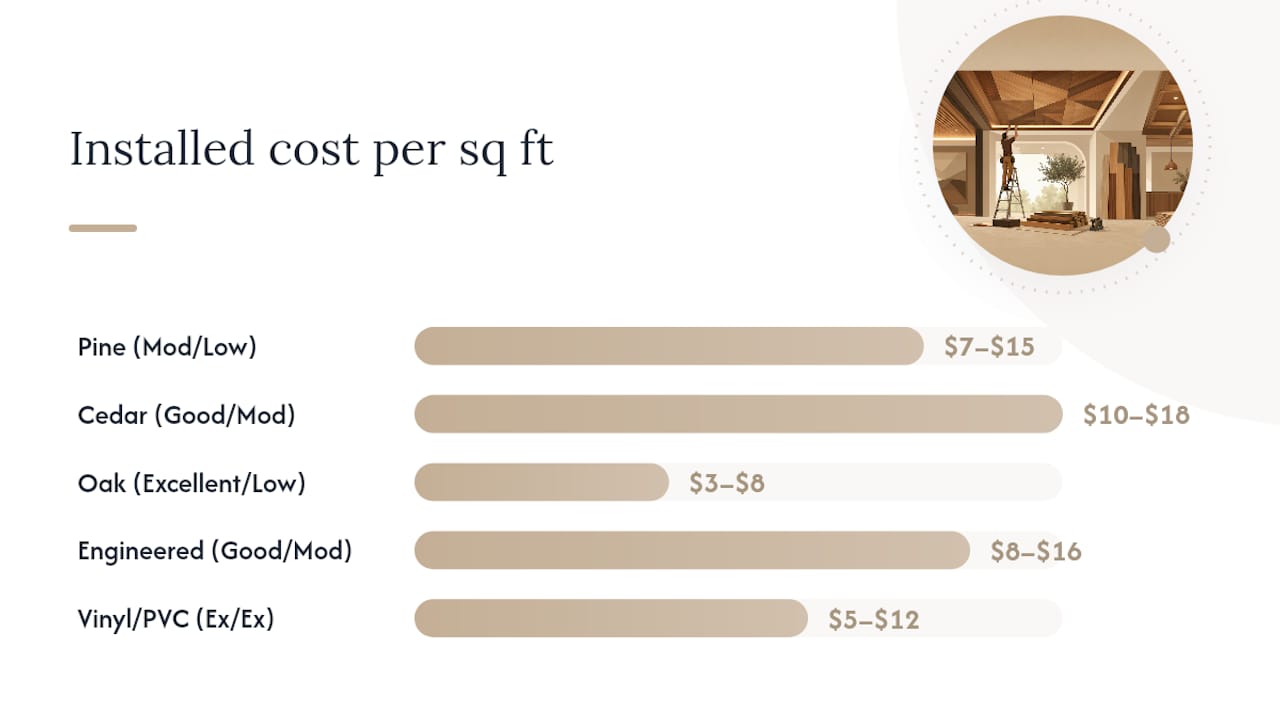 Comparison of wood ceiling materials by cost, durability, and aesthetics