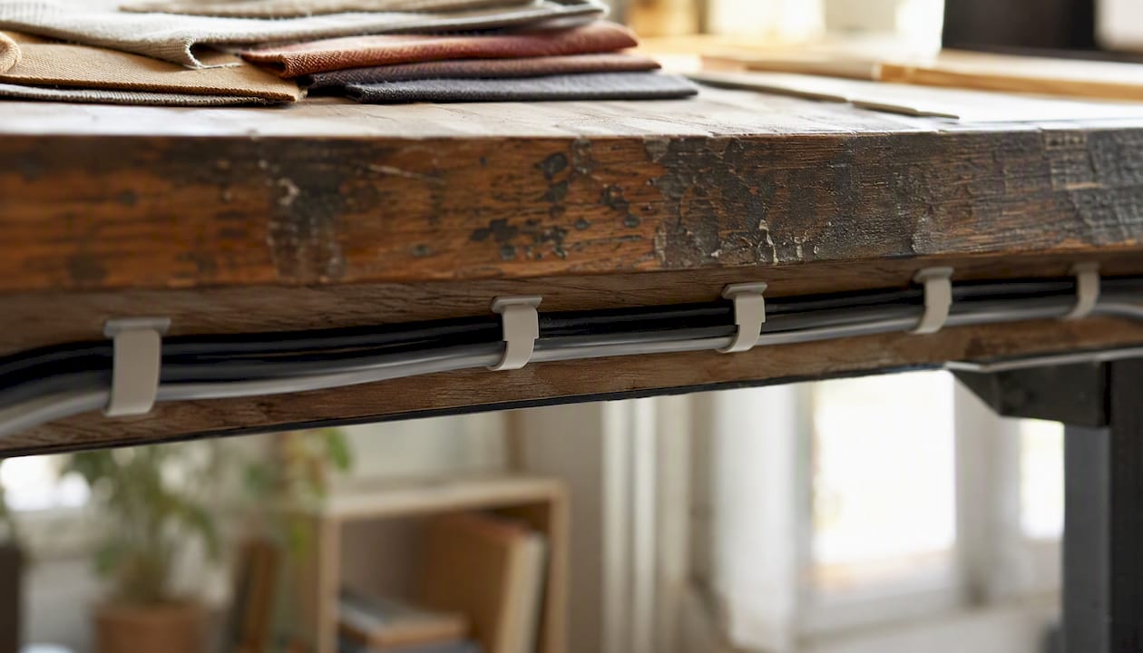 Adhesive cable clips securing cables under desk edge