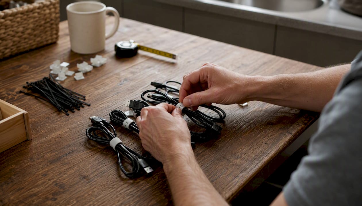 Hands labeling and organizing cables on wooden desk