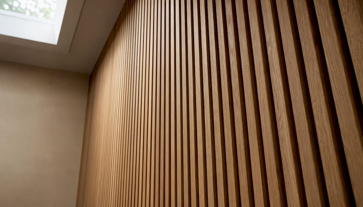 Vertical wood slat wall detail close-up
