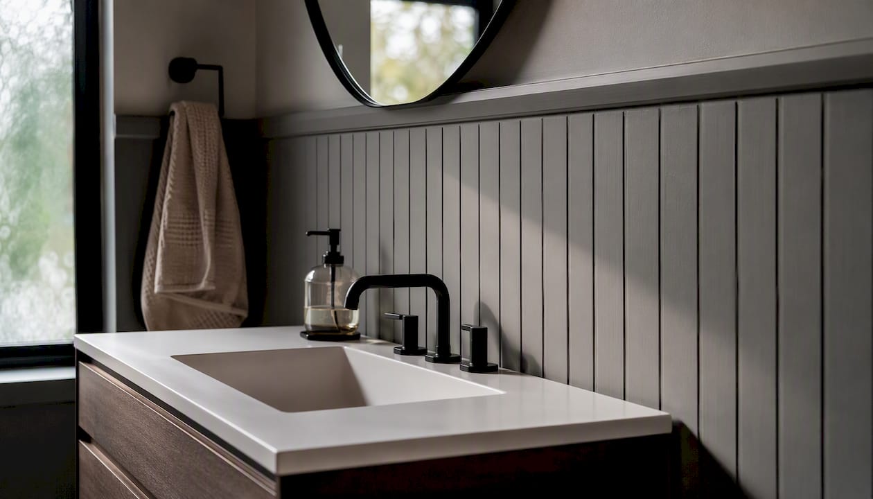 Beadboard half-wall wood accent in bathroom