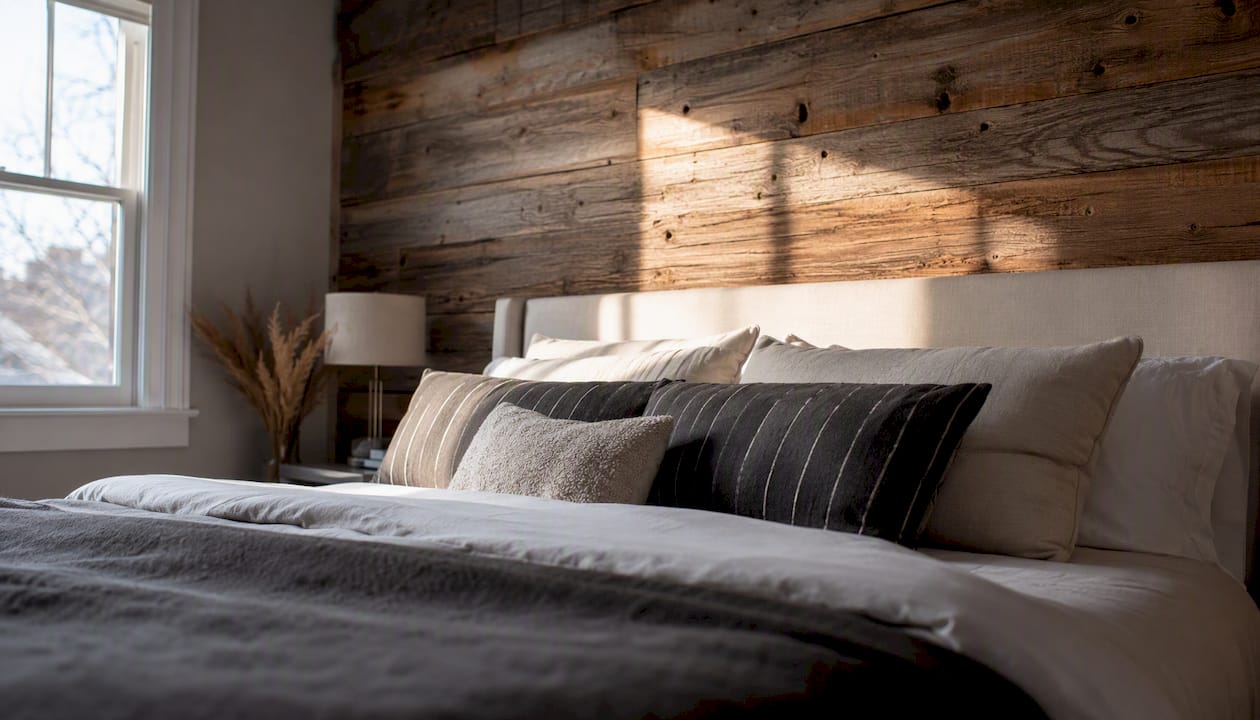 Bedroom with reclaimed wood accent headboard wall