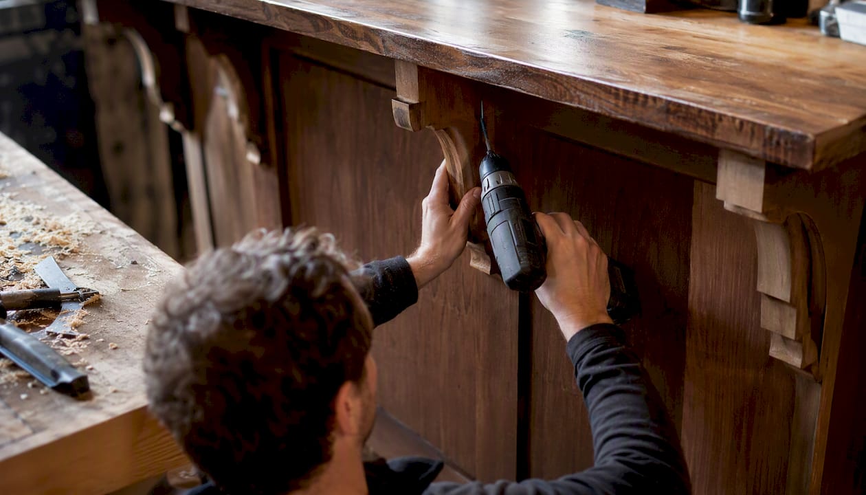 Hands installing wooden corbels under bar top