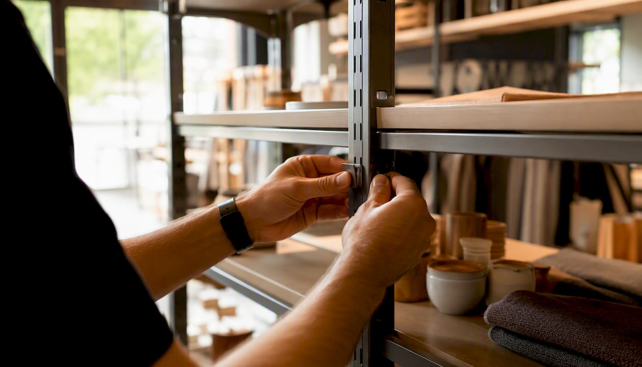 Hands adjusting modular gondola shelf height