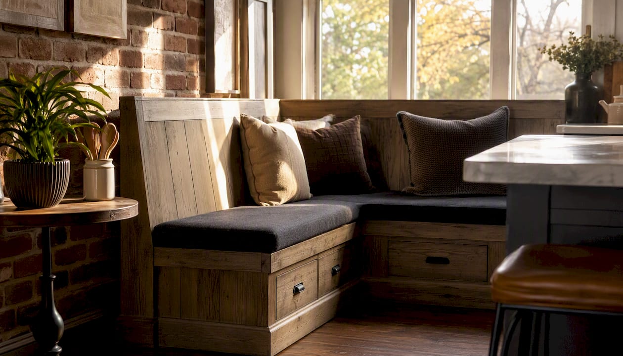 L-shaped kitchen banquette with storage drawers