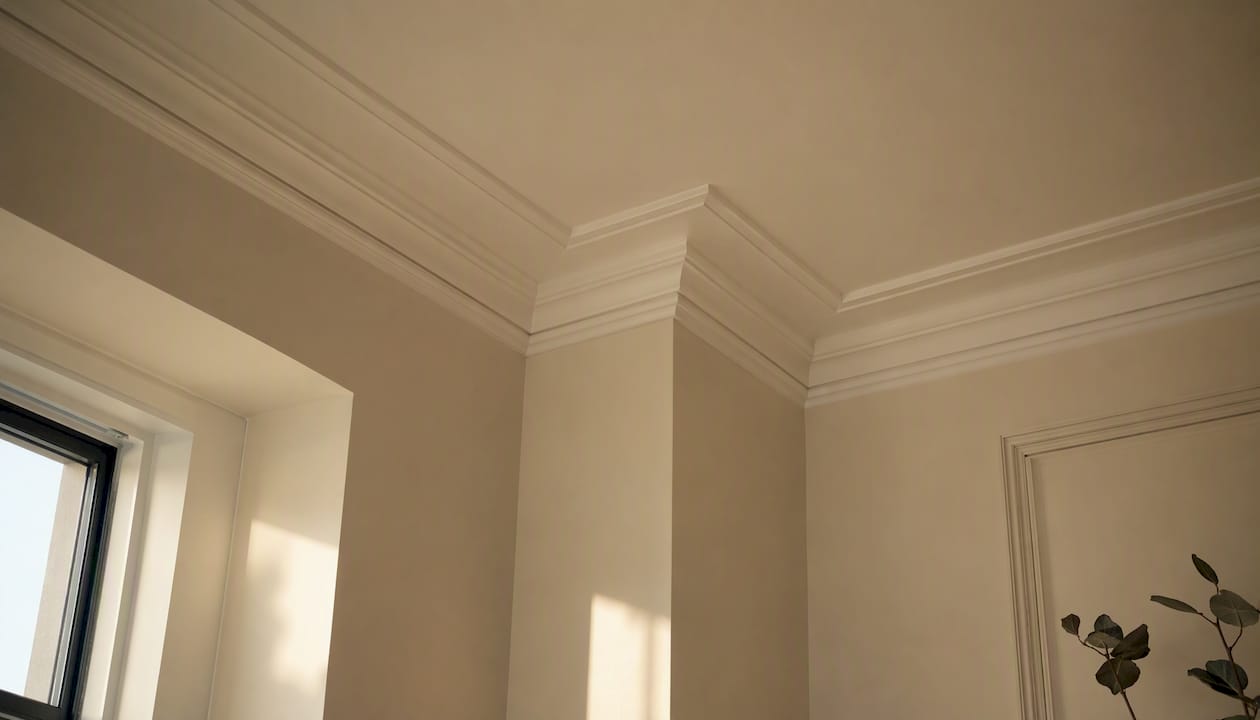 Room corner showing crown molding raising ceiling