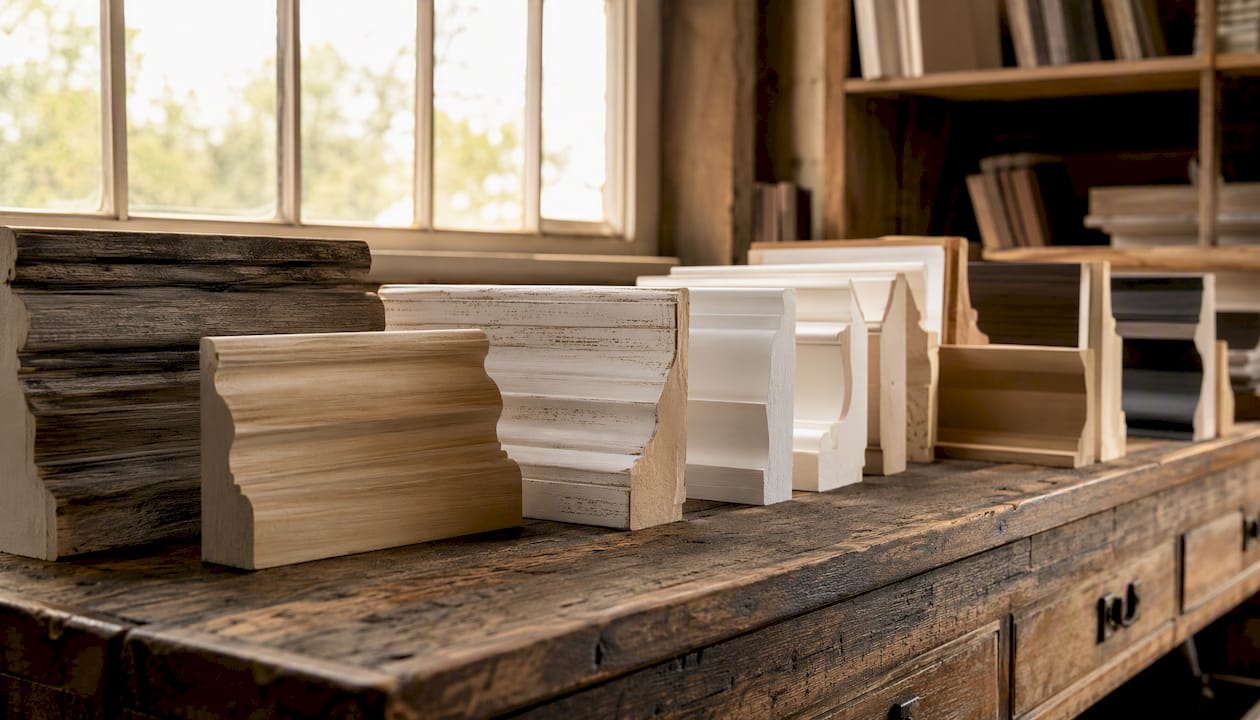 Close-up crown molding profiles and materials