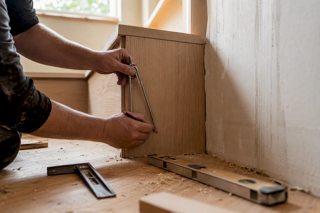 Hands scribing bench panel to wall contour