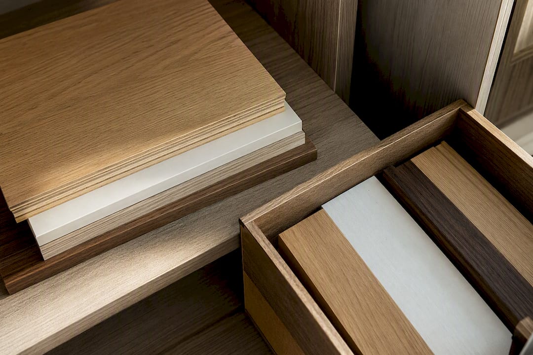 Close-up of wood and laminate closet shelves