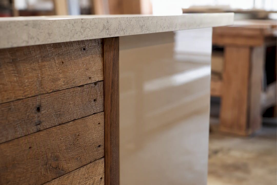 Close-up of wood, laminate and stone desk materials