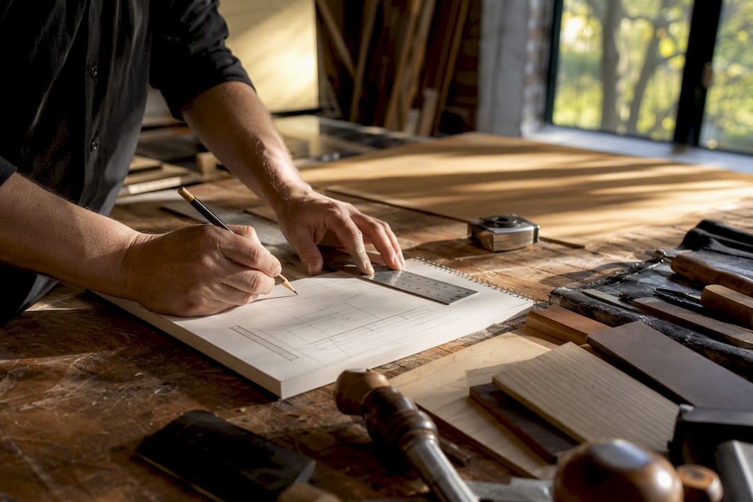 Carpenter marking reception desk sketch