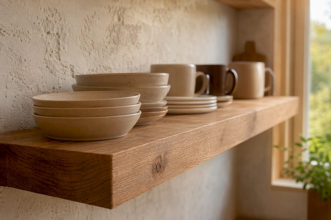 Side close-up of wooden open shelf thickness and depth