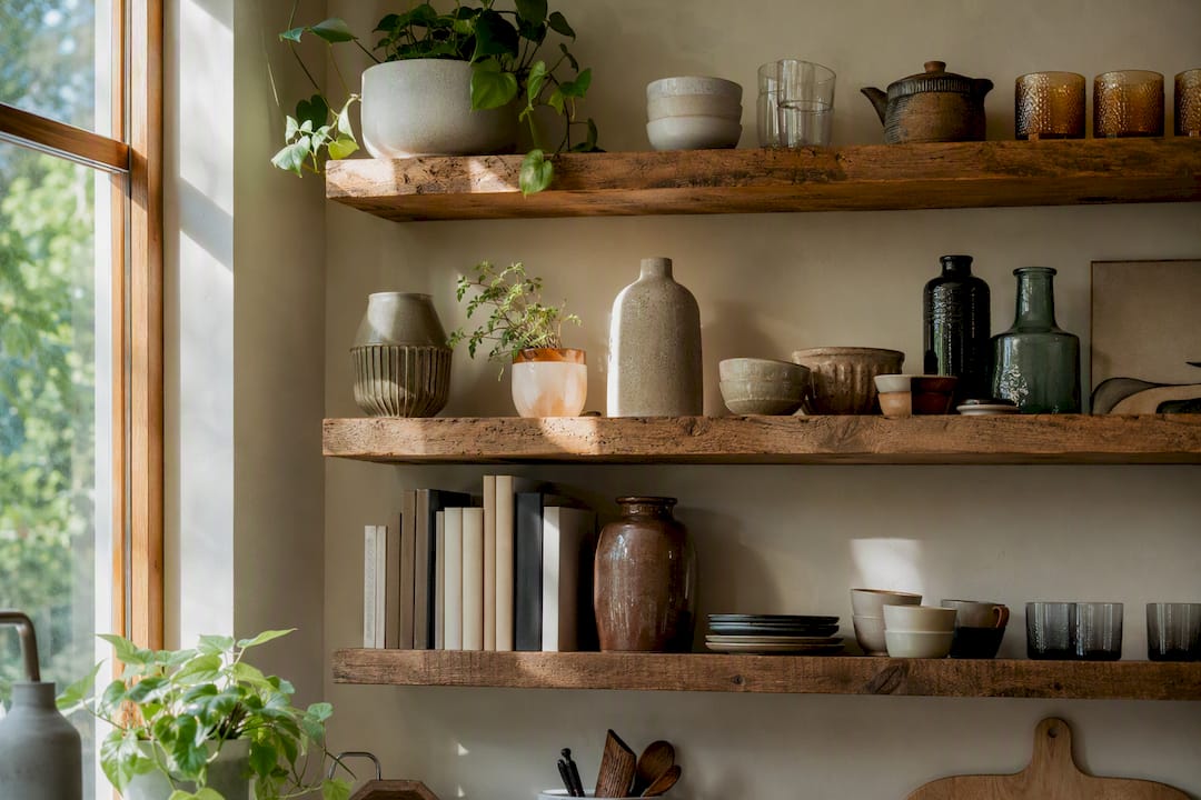 Close-up of curated open shelves with ceramics and plants