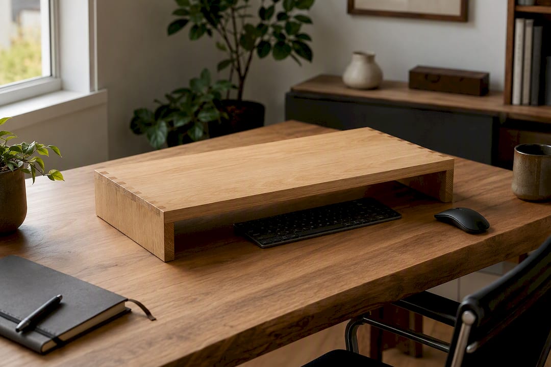 Wooden monitor riser on home desk