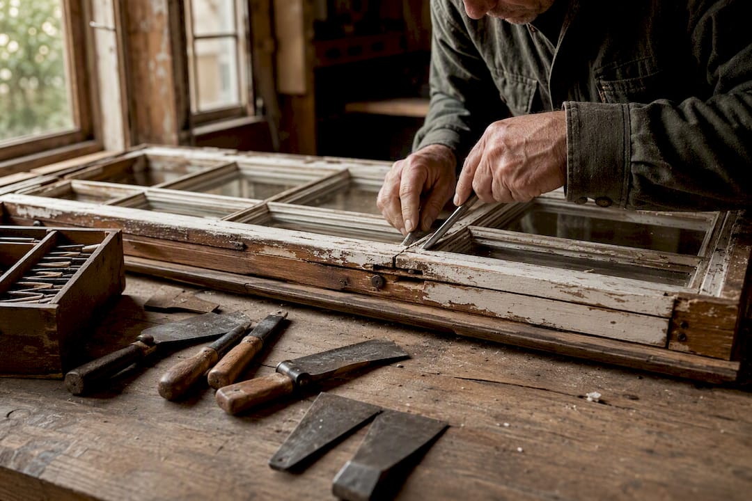 Carpenter repairing wooden window sash