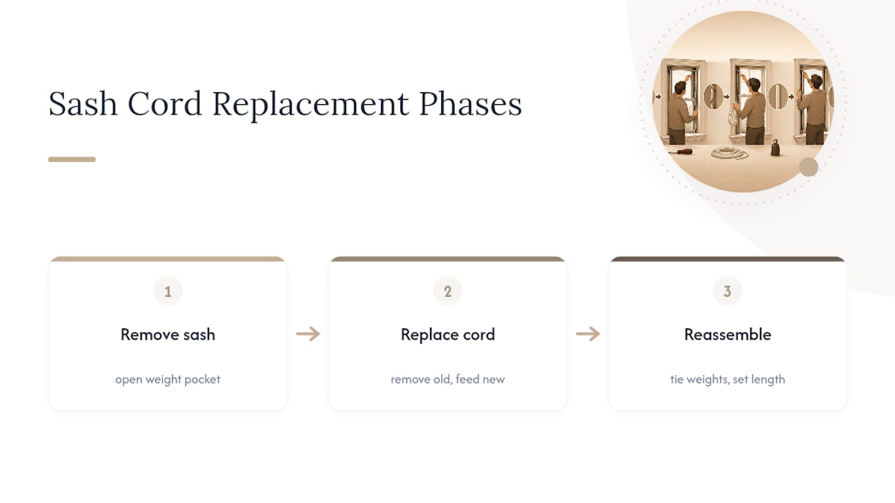 Diagram showing sash cord replacement process steps