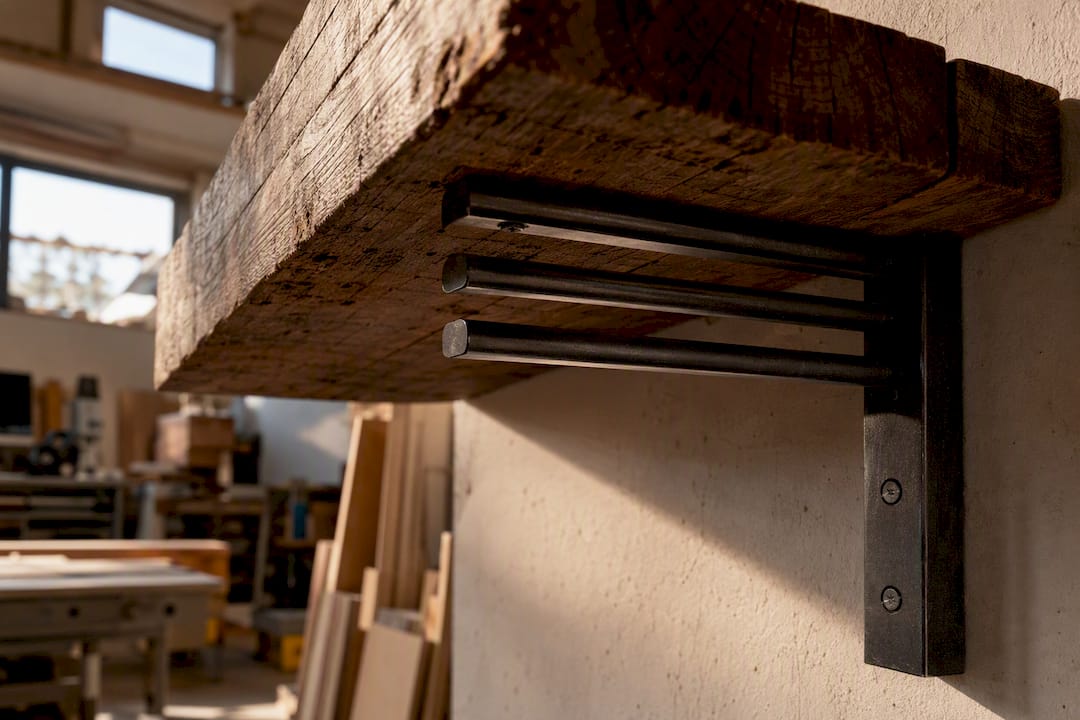 Close-up of steel floating shelf bracket rods