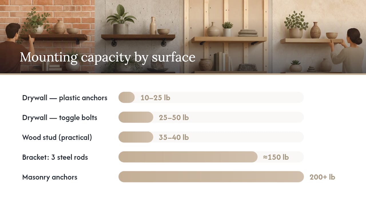 Diagram comparing floating shelf weight limits by mounting surface