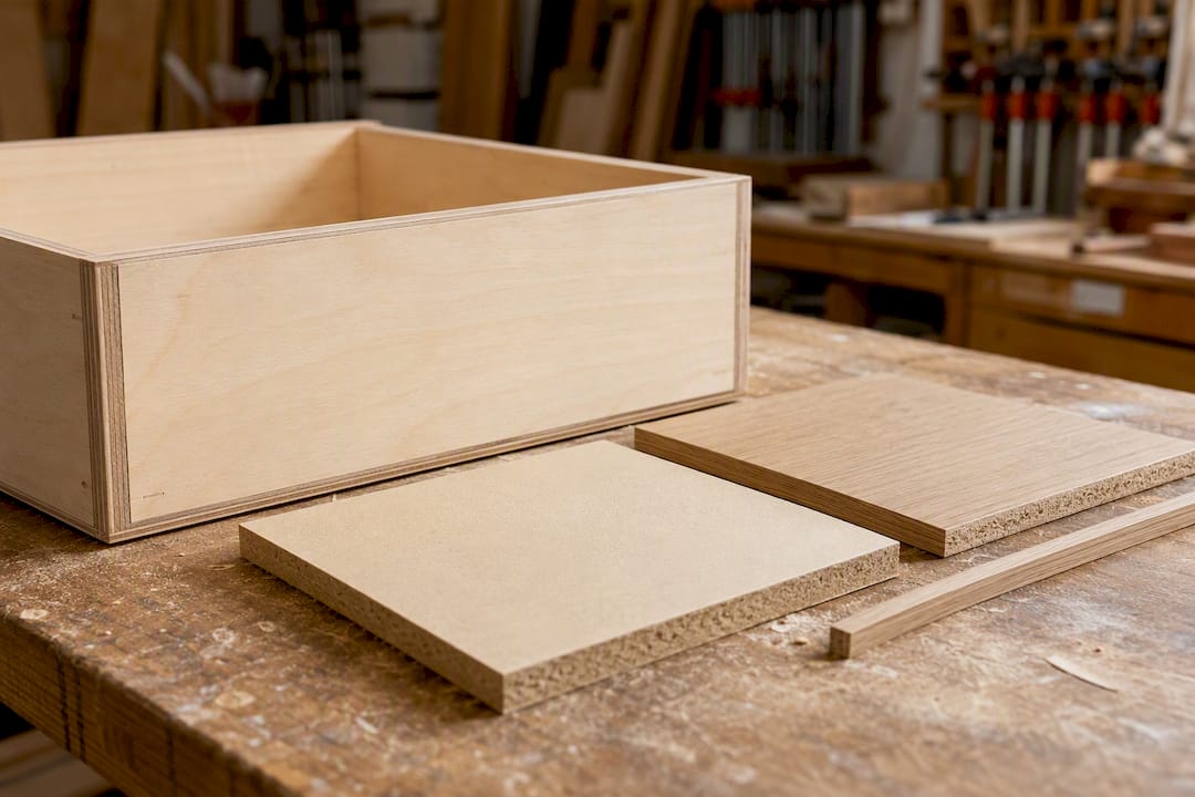 Close-up of wood drawer material samples