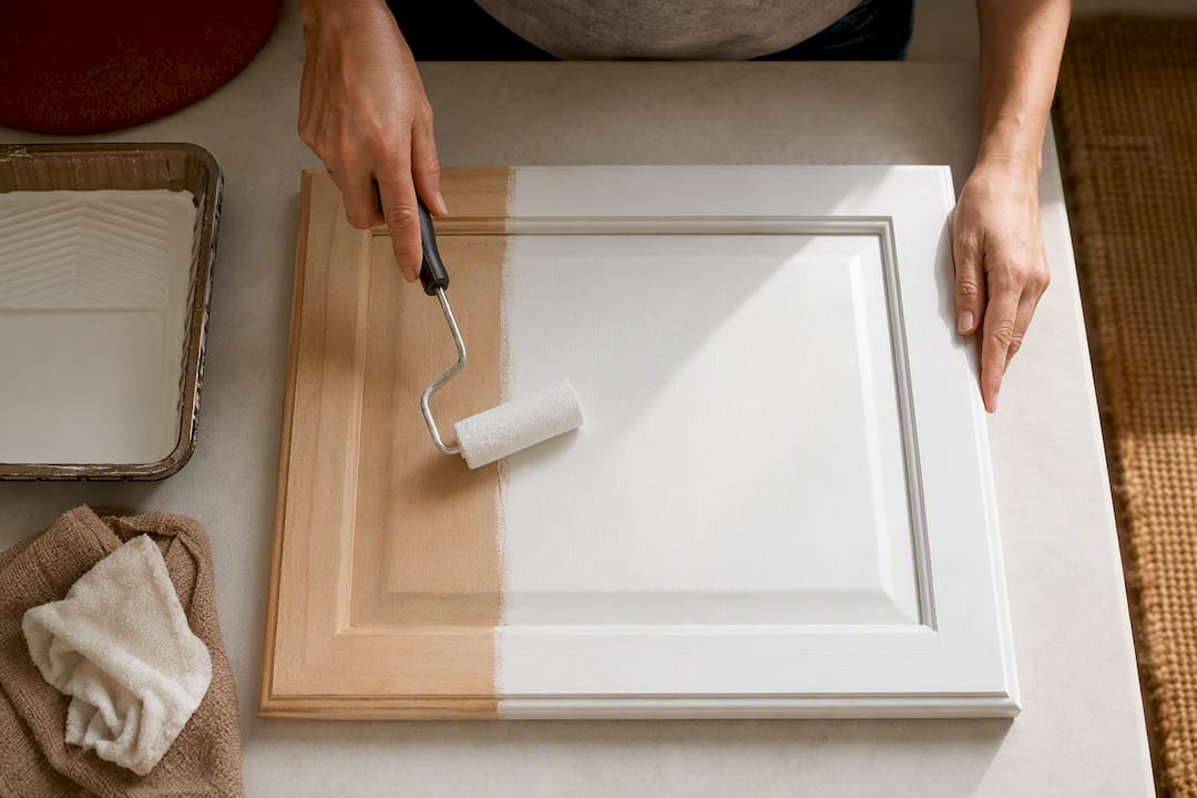 Hands applying enamel to cabinet door