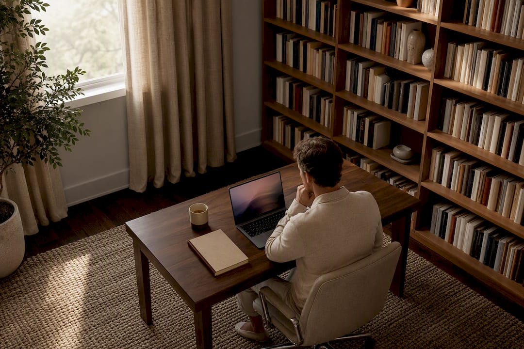 Rug curtains and bookshelf soften office sound