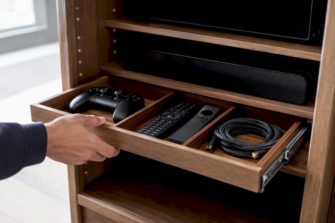 Pull out shelf with organized media storage