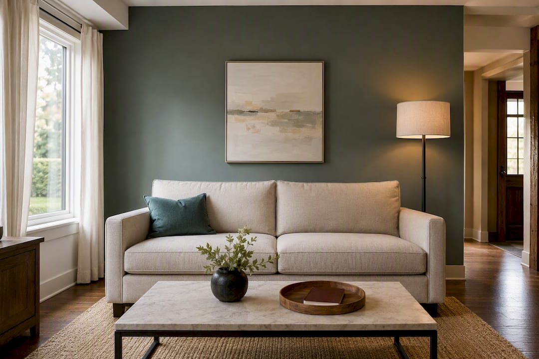 Sofa centered against an accent wall