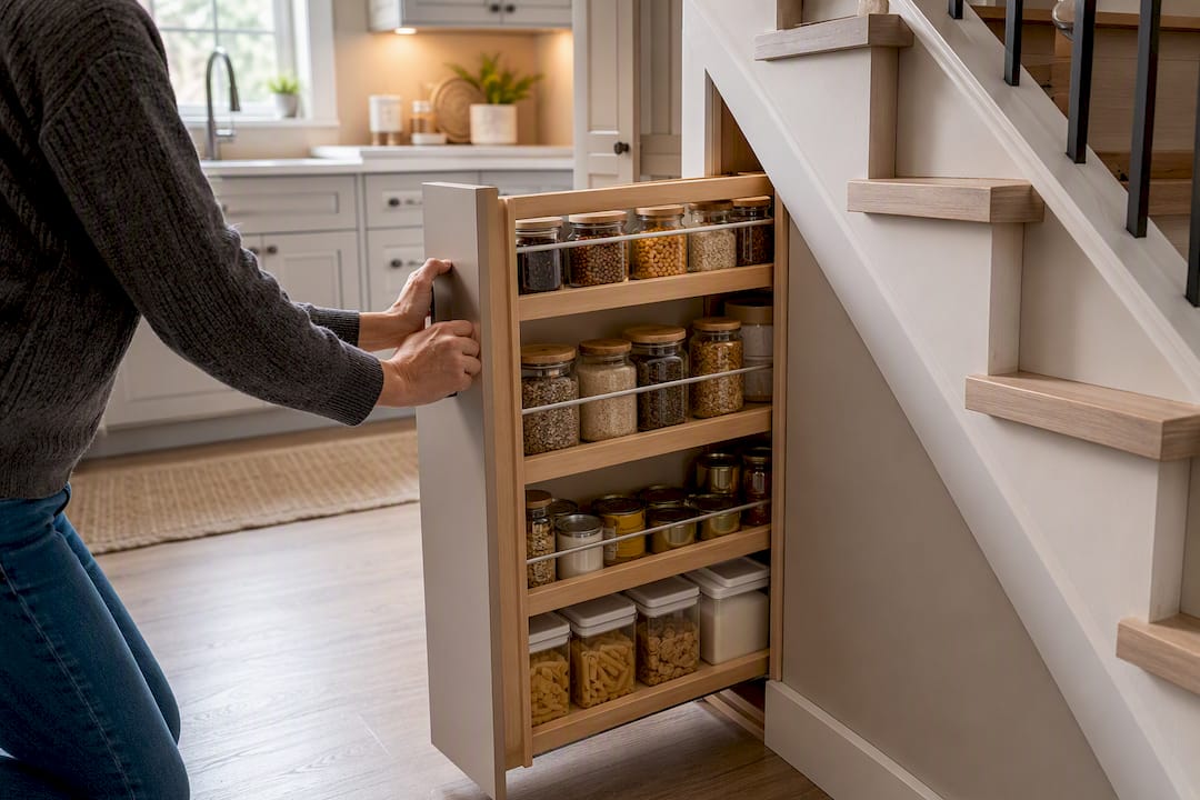 Narrow pantry drawer beneath staircase