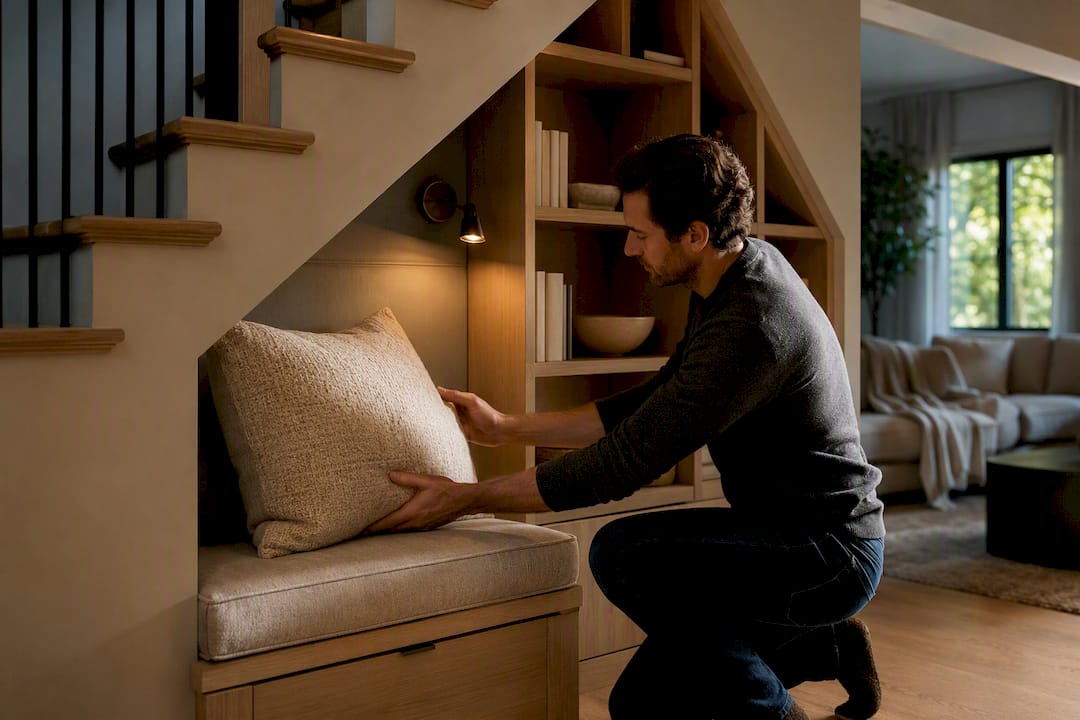 Reading nook bench beneath staircase